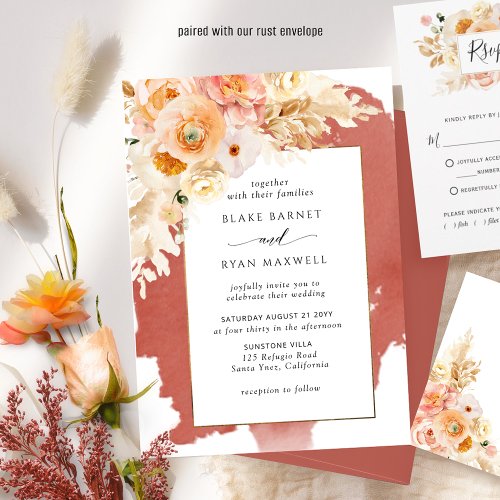 Chic Peach Blush Champagne Rust Red Floral Wedding Invitation