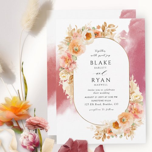 Chic Peach Blush Cream and Burgundy Oval Wedding Invitation