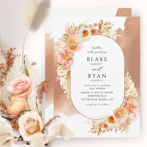 Chic Peach Blush Cream and Terracotta Oval Wedding Invitation