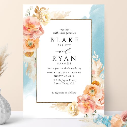 Chic Peach Blush Floral Aqua Watercolor Wedding Invitation