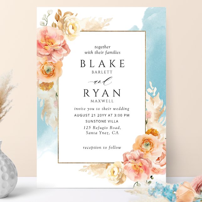 Chic Peach Blush Floral, Aqua Watercolor Wedding Invitation (Creator Uploaded)