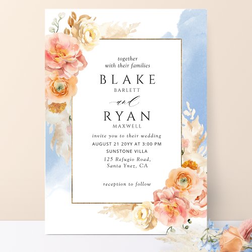 Chic Peach Blush Floral Blue Watercolor Wedding Invitation
