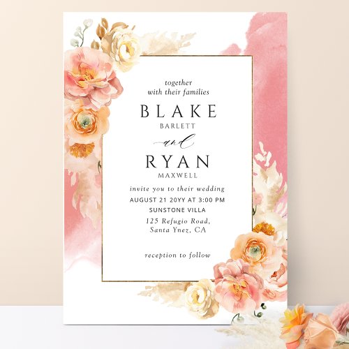 Chic Peach Blush Floral Coral Watercolor Wedding Invitation