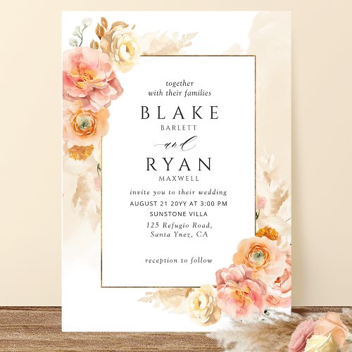 Chic Peach Blush Floral Cream Watercolor Wedding Invitation
