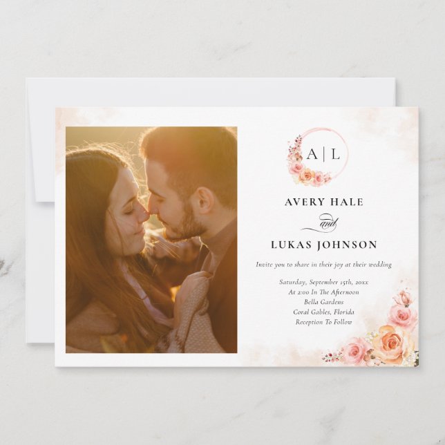 Chic Peach Blush Floral Monogram Photo Wedding Invitation (Front)