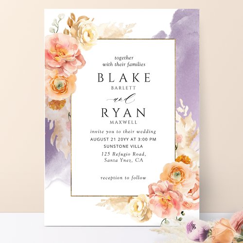 Chic Peach Blush Floral Purple Watercolor Wedding Invitation