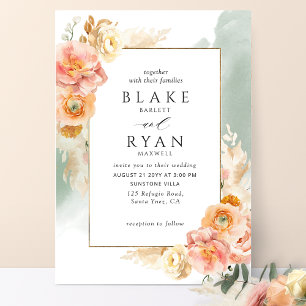 Chic Peach Blush Floral, Sage Watercolor Wedding Invitation