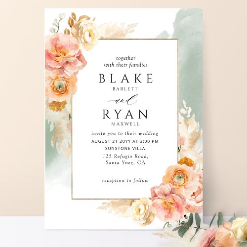 Chic Peach Blush Floral Sage Watercolor Wedding Invitation