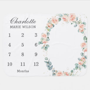 Chic Peach Blush Floral Wreath Monthly Milestone Baby Blanket