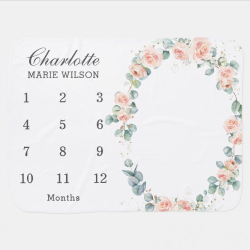 Chic Peach Blush Floral Wreath Monthly Milestone Baby Blanket