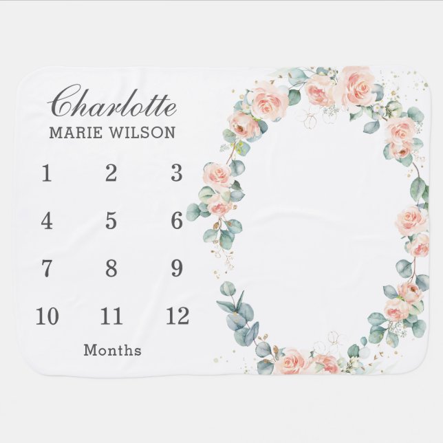 Chic Peach Blush Floral Wreath Monthly Milestone Baby Blanket (Horizontal)