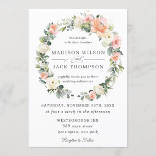 Chic Peach Blush Ivory White Floral Wreath Wedding Invitation