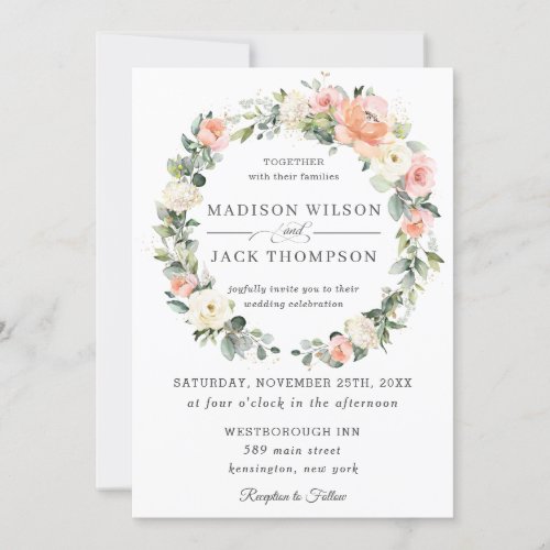 Chic Peach Blush Ivory White Floral Wreath Wedding Invitation