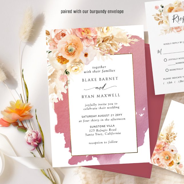 Chic Peach Blush Pink and Burgundy Floral Wedding Invitation (Creator Uploaded)