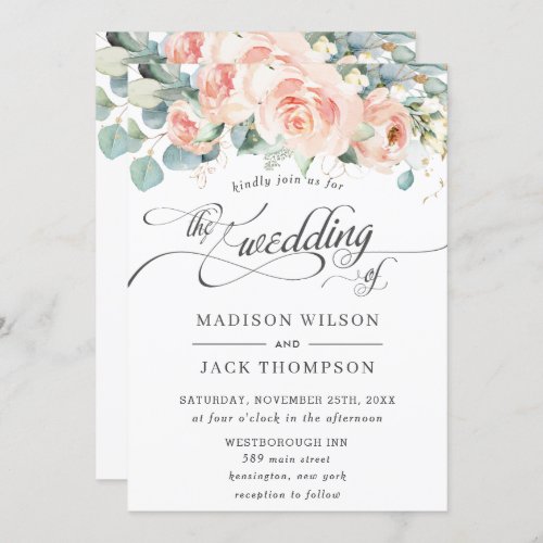 Chic Peach Floral Calligraphy Greenery Wedding Invitation