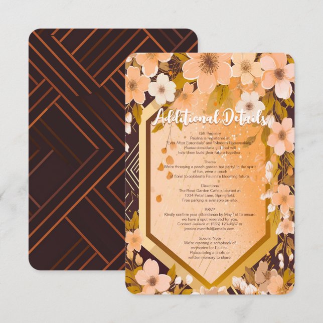 Chic Peach Floral Champagne Bridal Shower Party Enclosure Card (Front/Back)