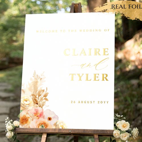 Chic Peach Floral Real Foil Wedding Welcome Sign
