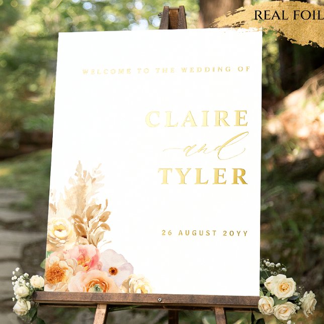 Chic Peach Floral Real Foil Wedding Welcome Sign (Creator Uploaded)