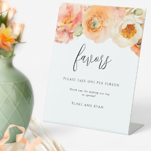 Chic Peach Floral Wedding Favors Please Take One Pedestal Sign