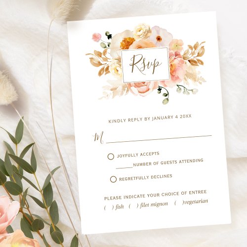 Chic Peach Floral With or Without Meals Choices RSVP Card