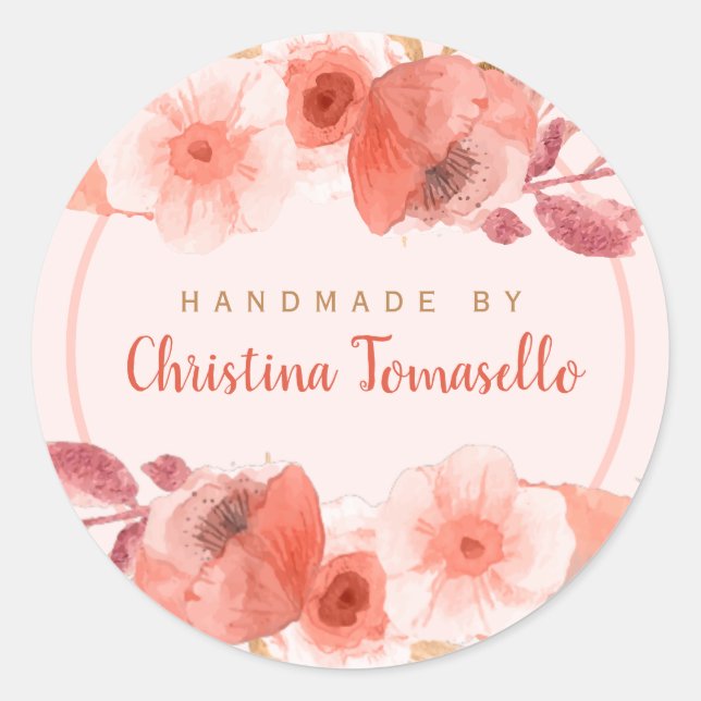 Chic Peach Golden Floral Handmade By Personalized Classic Round Sticker (Front)