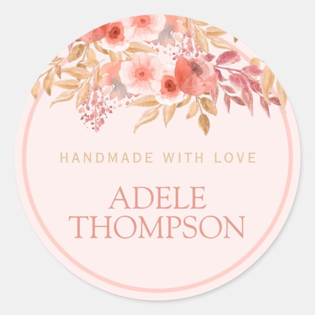 Chic Peach Golden Floral Handmade With Love Classic Round Sticker (Front)