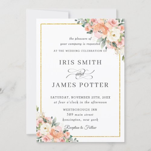 Chic Peach Ivory Blush Floral Gold Wedding  Invitation