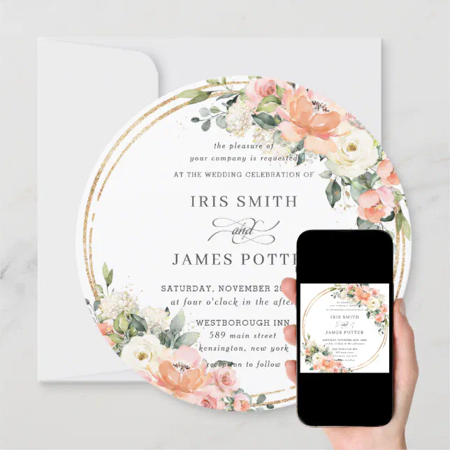 Chic Peach Ivory Blush Pink Floral Gold Wedding Invitation Zazzle