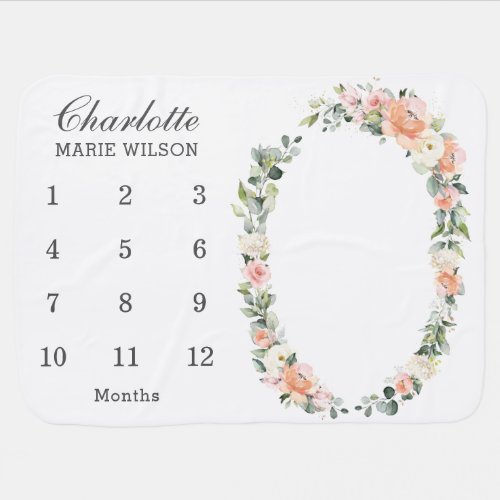 Chic Peach Ivory Floral Wreath Monthly Milestone Baby Blanket