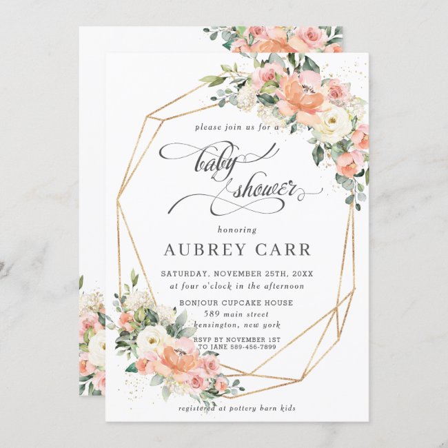 Chic Peach Ivory Pink Floral Baby Shower Geometric Invitation