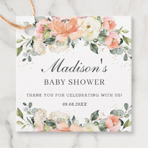 Chic Peach Ivory Pink Floral Baby Shower Thank You Favor Tags