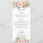 Chic Peach Ivory Pink Floral Wedding Menu<br><div class="desc">Designed to co-ordinate with our Luxe wedding collection, this elegant wedding menu features a beautiful watercolor peach, pink, ivory white roses, hydrangeas, stocks and greenery arrangement. Personalize it with your wedding details easily and quickly, simply press the customise it button to further re-arrange and format the style and placement of...</div>