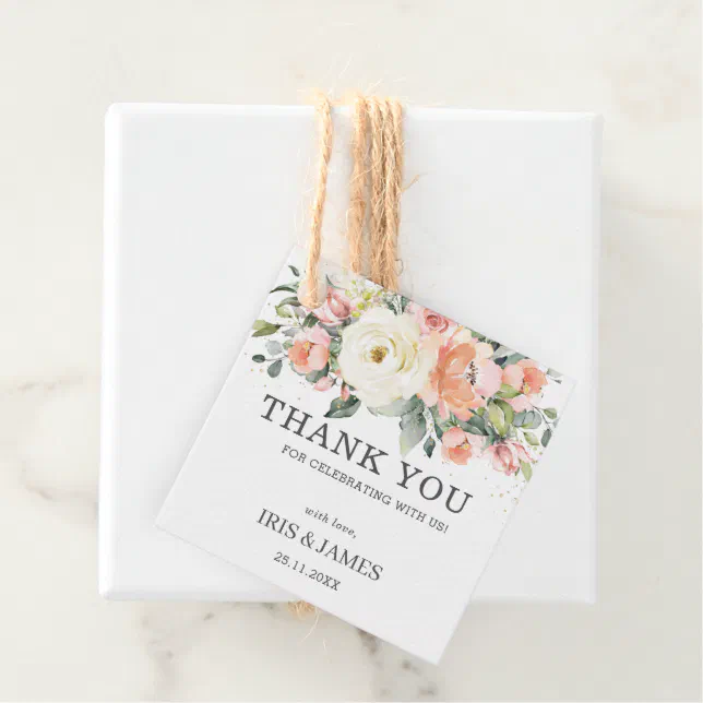 Chic Peach Ivory Pink Floral Wedding Thank You Favor Tags | Zazzle