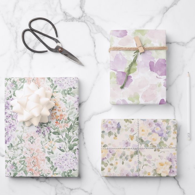 Chic Peach Lilac Lavender Floral Wedding Wrapping Paper Sheets (Front)
