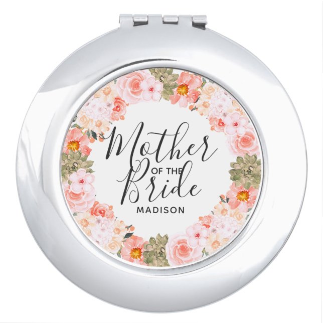 Chic Peach Mint Floral Wreath Mother of the Bride Compact Mirror (Front)