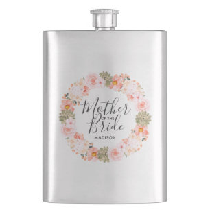 Chic Peach Mint Floral Wreath Mother of the Bride Flask