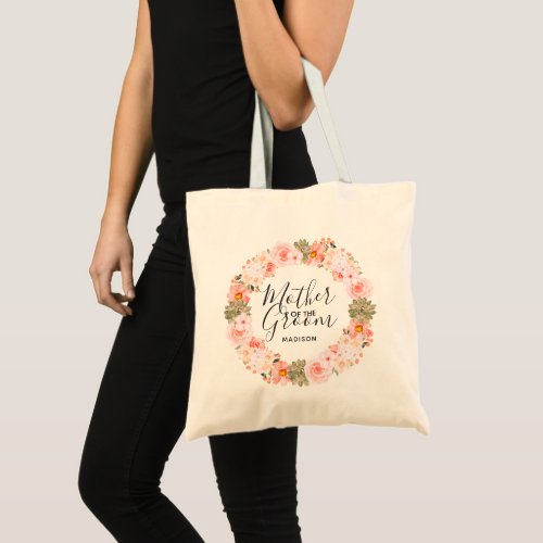 Chic Peach Mint Floral Wreath Mother of the Groom Tote Bag