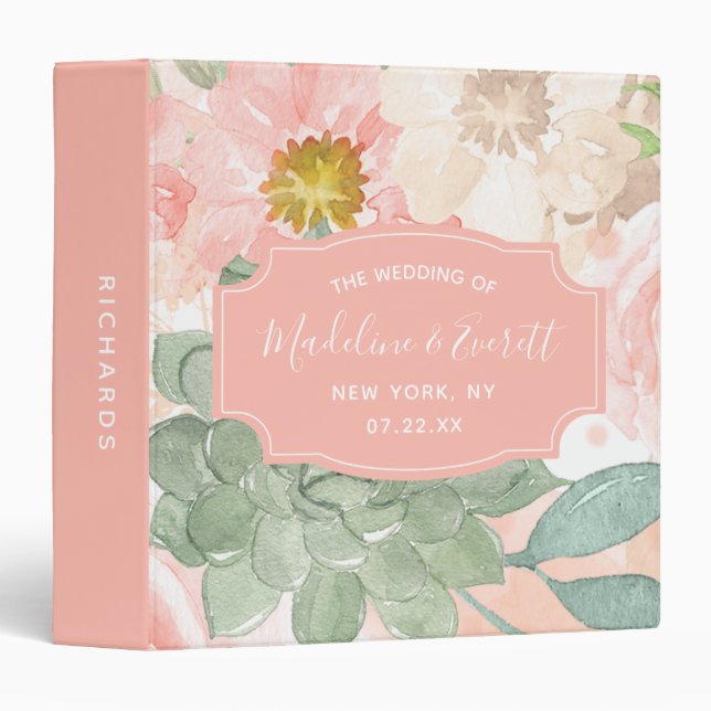 Chic Peach Mint Succulents Wedding Photo Album 3 Ring Binder (Front/Spine)