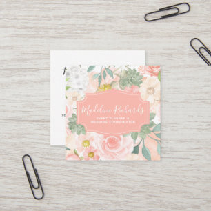 Chic Peach Mint Succulents with Social Media Icons Square Business Card