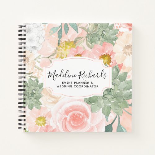 Chic Peach  Mint Watercolor Floral  Succulents Notebook