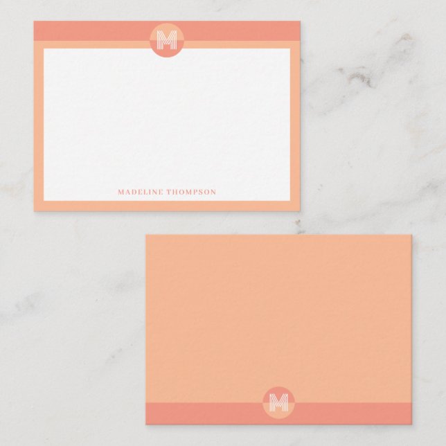 Chic Peach Orange Geometric Modern Monogram Note Card (Front/Back)