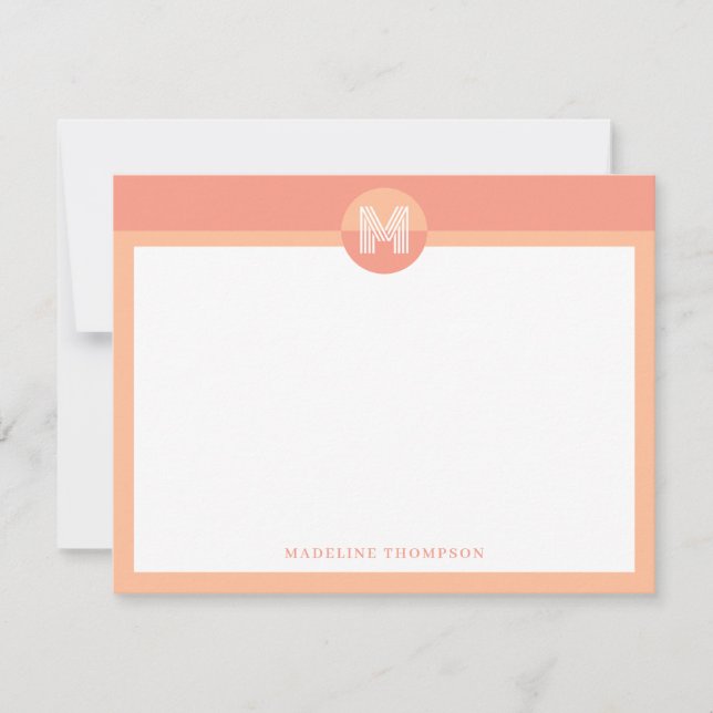 Chic Peach Orange Geometric Modern Monogram Note Card (Front)