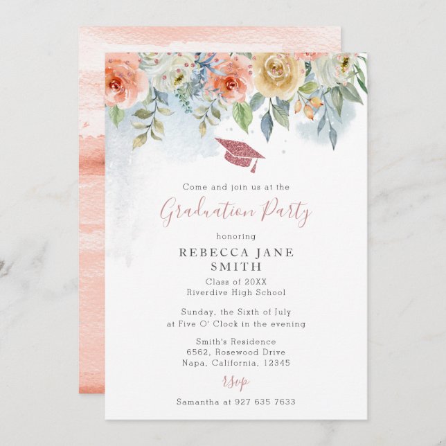 Chic Peach Pink Flowers Rose Gold Hat Graduation Invitation (Front/Back)