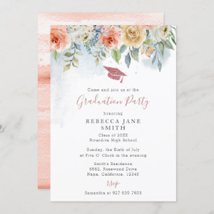 Chic Peach Pink Flowers Rose Gold Hat Graduation Invitation