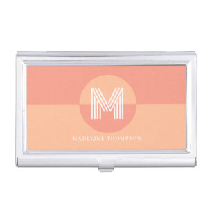 Chic Peach Pink Geometric Modern Monogram Business Card Case