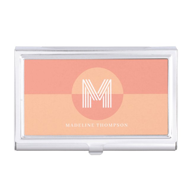 Chic Peach Pink Geometric Modern Monogram Business Card Case (Front)