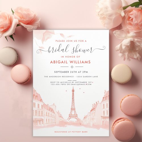 Chic Peach Pink Photo Eiffel Tower Bridal Shower Invitation