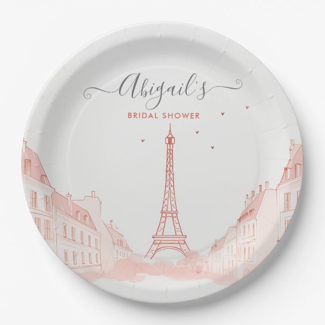 Chic Peach Pink Photo Eiffel Tower Bridal Shower Paper Plates (Front)