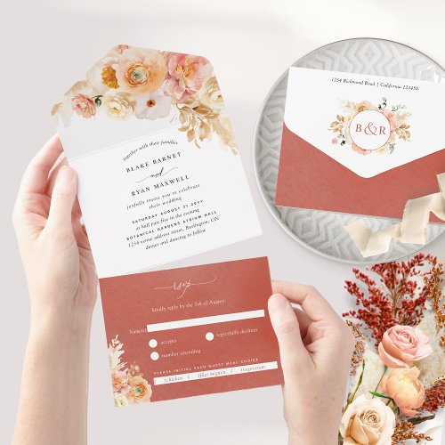 Chic Peach Rust Orange Floral Wedding with RSVP  All In One Invitation