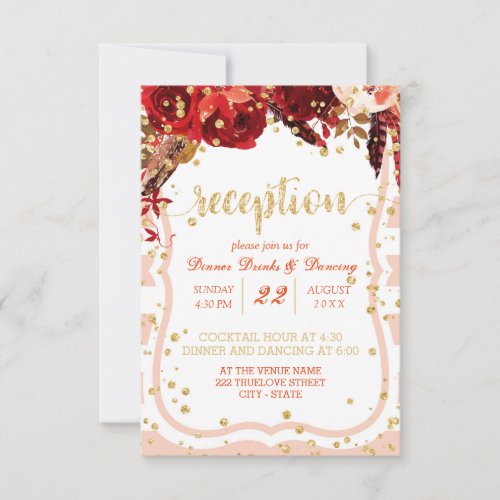 Chic Peach Stripe Floral Gold Wedding Reception Invitation